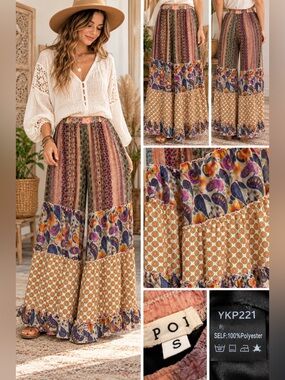 POL Boho Pants Size S Multi-color Tiered Paisley Print